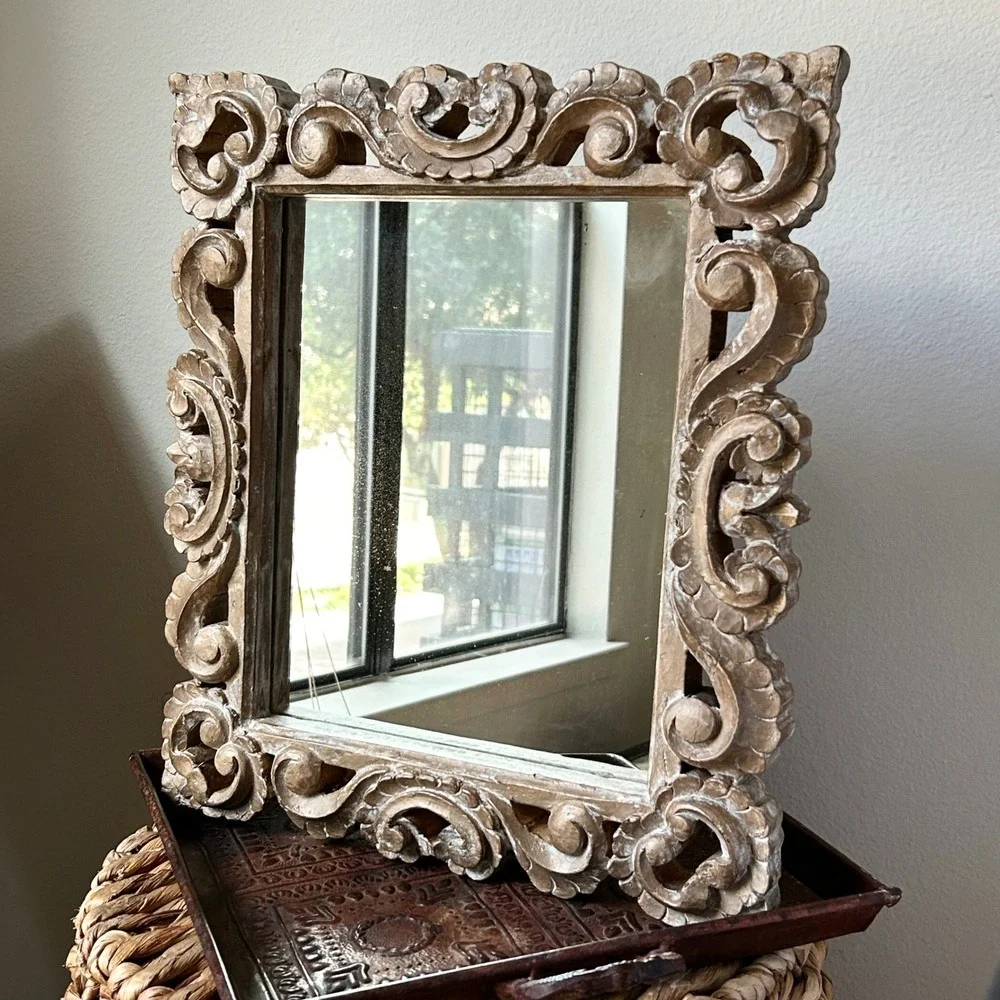 Vintage Hand Carved Wooden Wall Mirror Gold Foil Ornate Baroque Frame 14x16